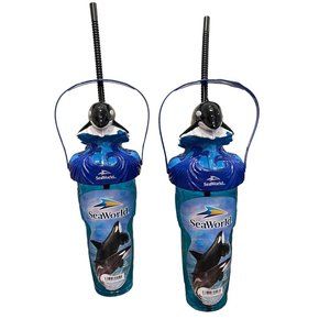 Lot of 2 Sea World Shamu Whale Plastic Souvenir Tall Cup Bottle & Straw 2020